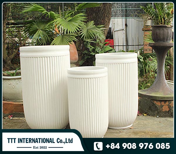 Luxury Tall round striped white concrete planter